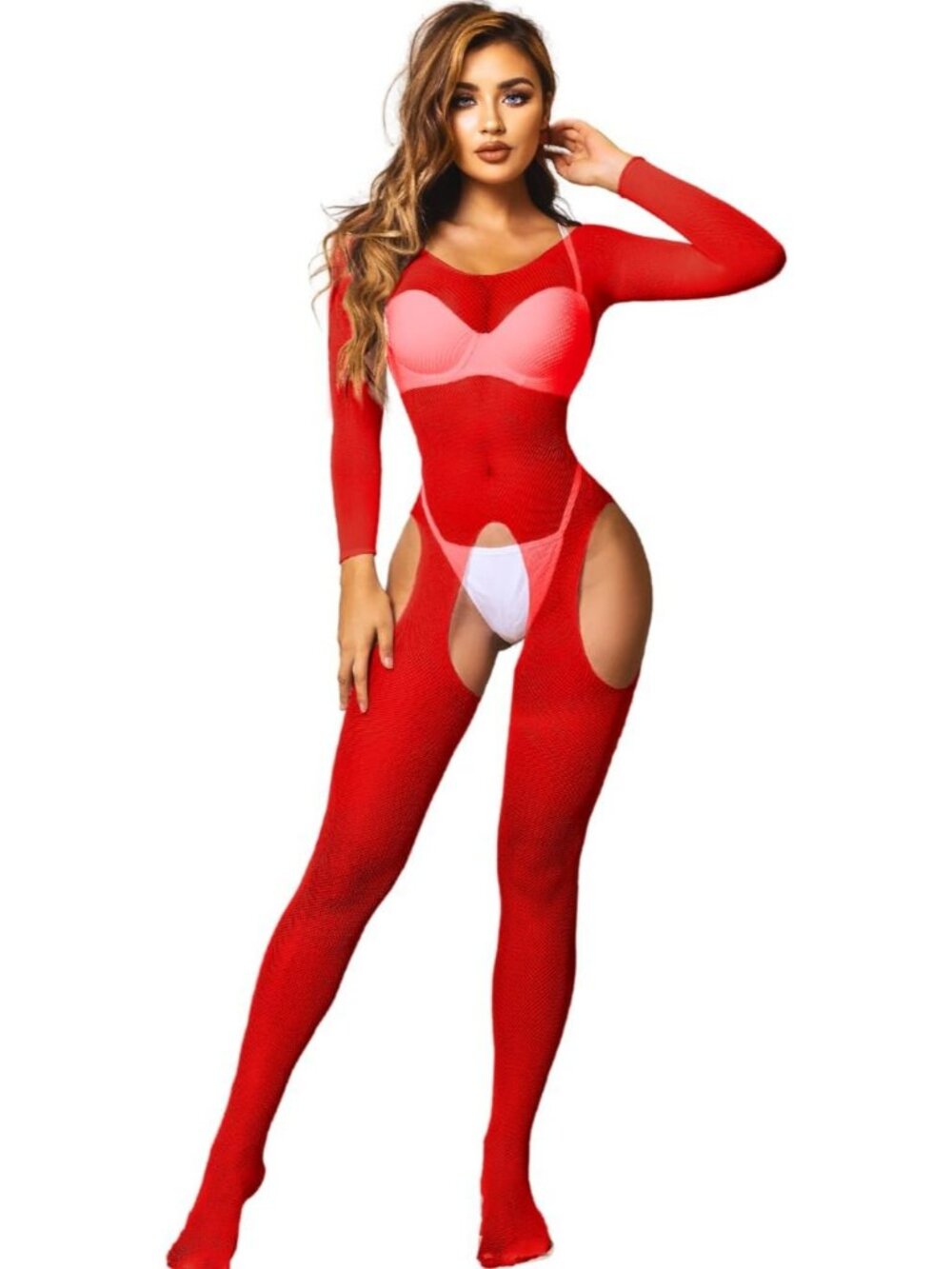 Women's Body Stocking Red High Neck Fishnet Sleeveless Nightwear Comfort Soft